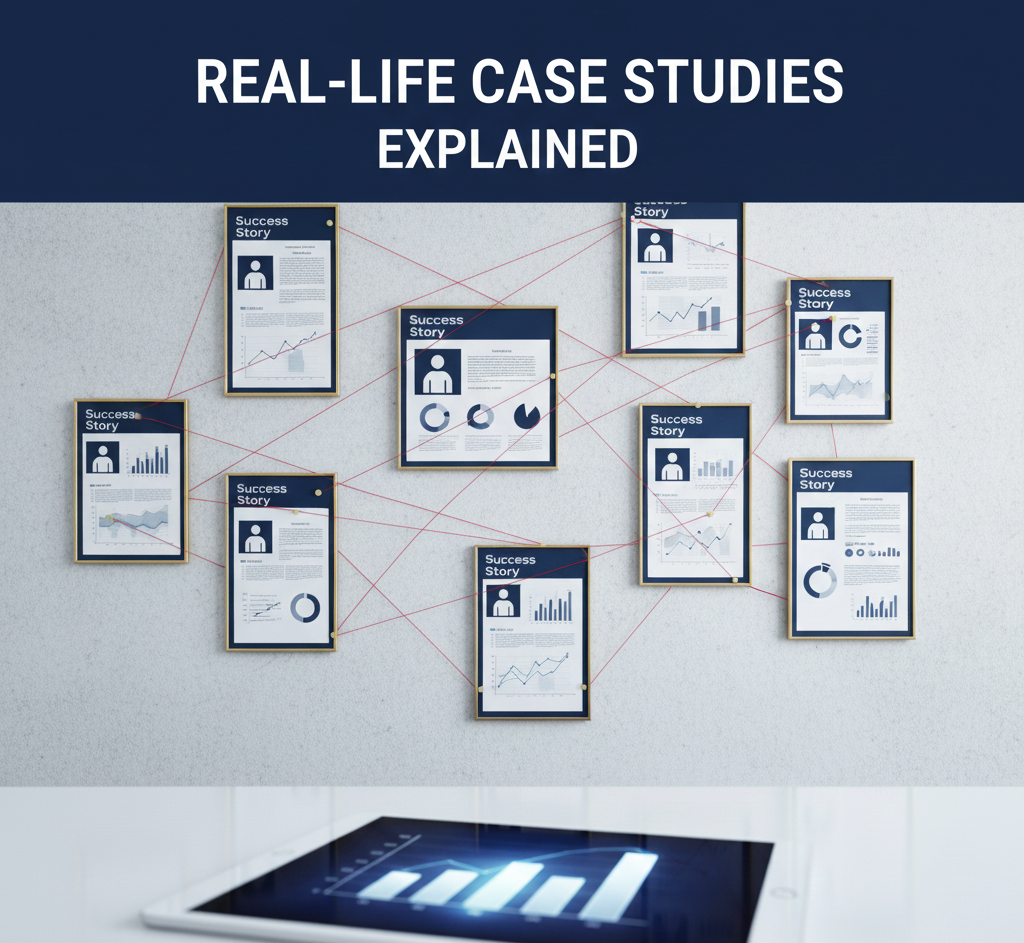 A sophisticated office scene with a data research board and a digital tablet displaying 3D financial growth charts.