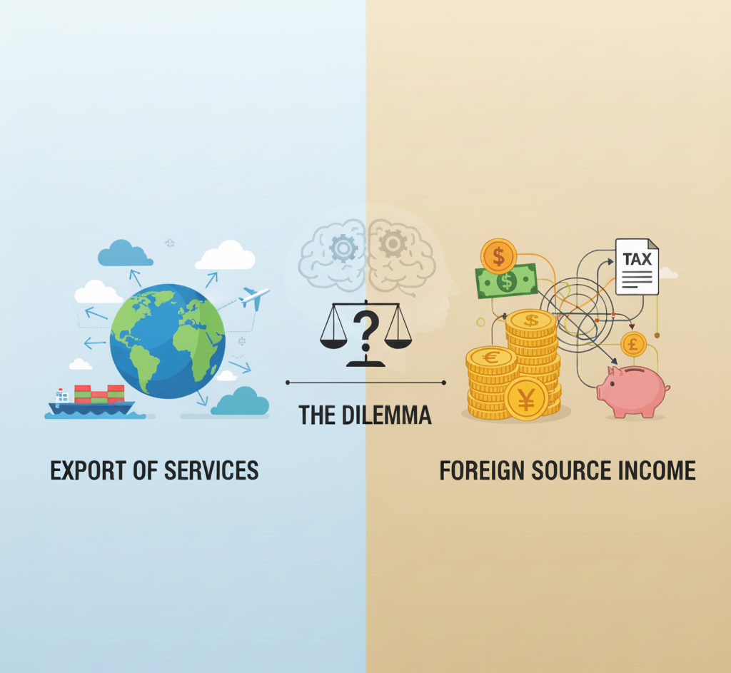 A split-screen conceptual graphic comparing Export of Services vs Foreign Source Income with a central balance scale.