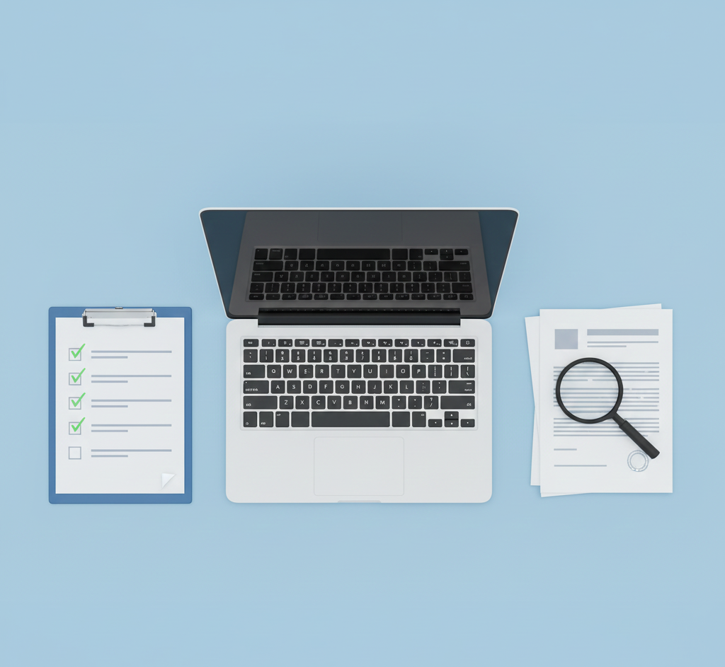 A professional desk flat-lay featuring a laptop, checklist with green checkmarks, and a magnifying glass over documents.