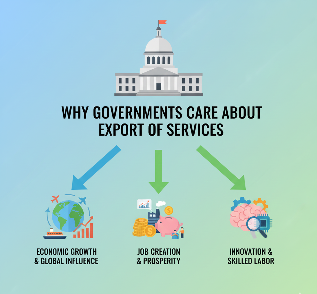 A professional 1920x1080 graphic illustrating global service trade with icons of digital connectivity and government buildings.