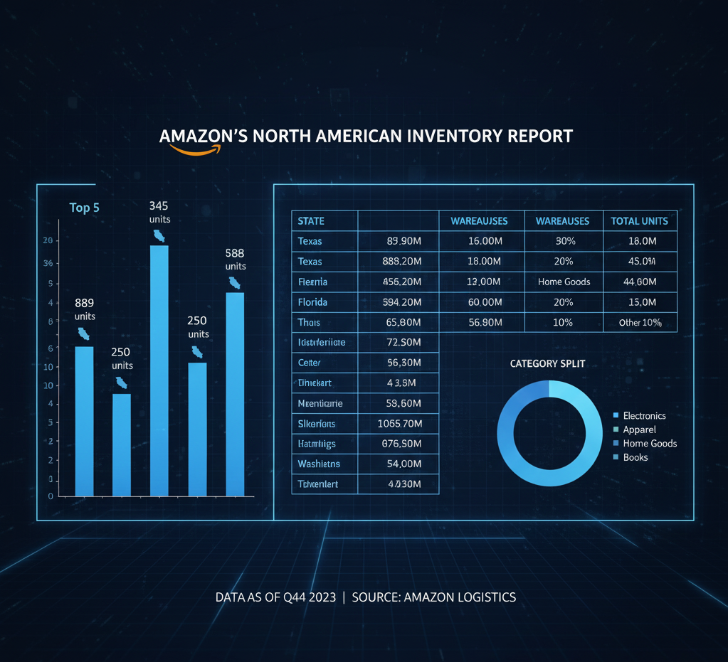 Amazon inventory report highlighting state-by-state inventory locations