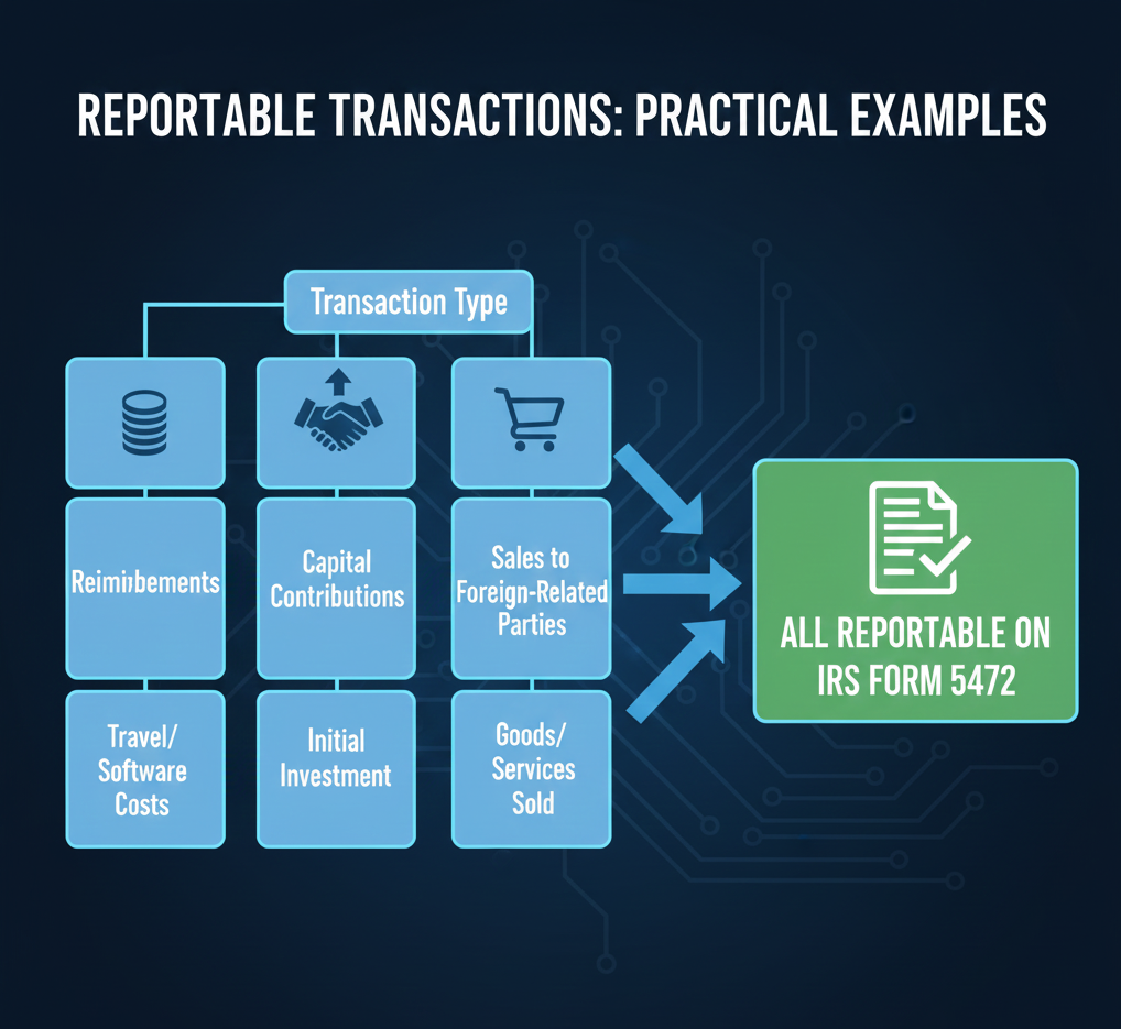 Flowchart showing four examples of reportable transactions between a foreign parent and a U.S. LLC.