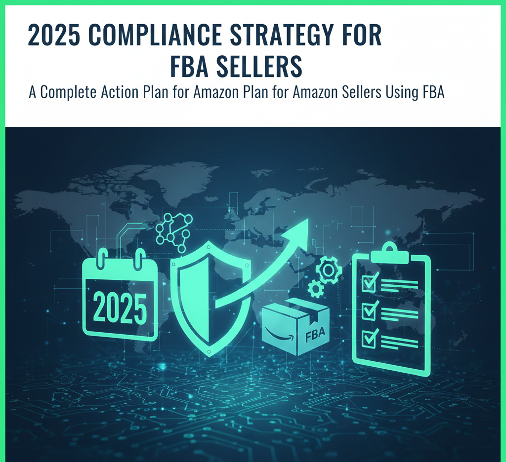 A 2025 Amazon FBA compliance strategy cover featuring a digital checklist, boxes, and growth charts in a modern blue and white theme.