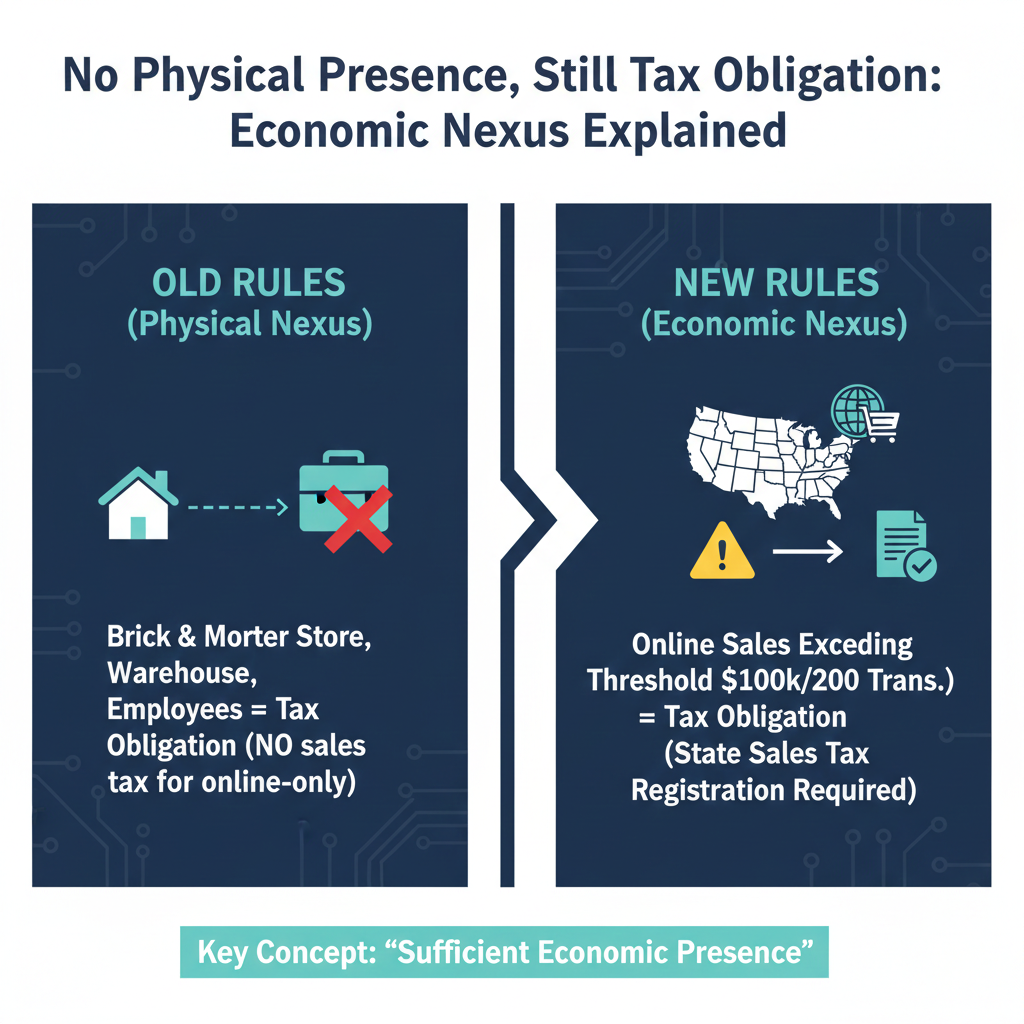 Economic nexus explained showing sales tax obligation without physical presence in Washington and Texas