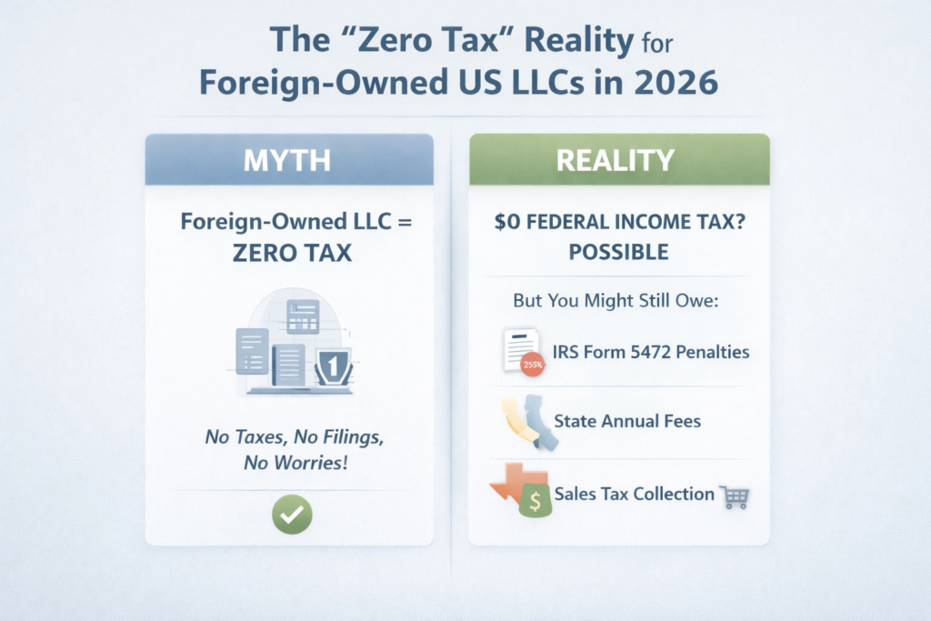 Infographic comparing the myth of zero tax for foreign-owned US LLCs with the real 2026 obligations like Form 5472, state fees, and sales tax.