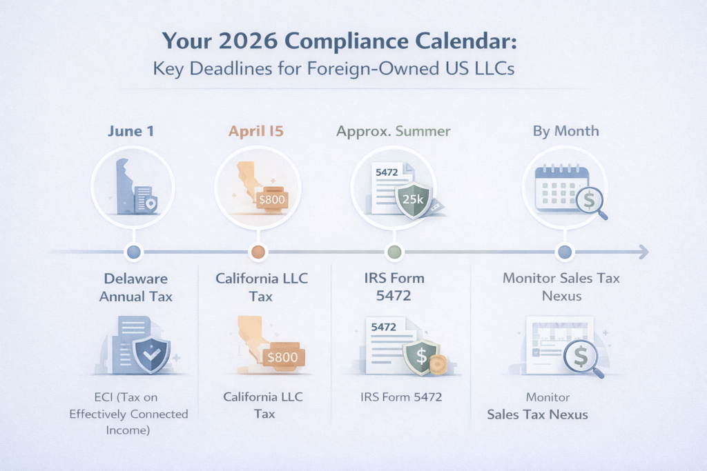 Timeline showing key 2026 compliance deadlines for foreign-owned US LLCs including Delaware annual tax, California LLC tax, Form 5472, and BOI checks.