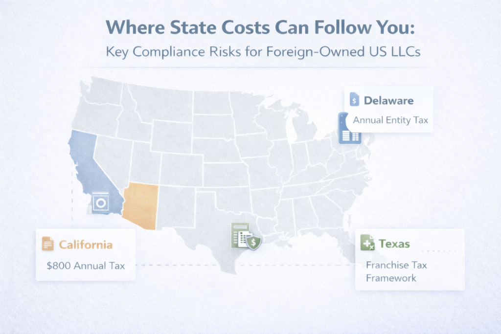 US map highlighting Delaware, California, and Texas showing common state fees and tax compliance risks for foreign-owned US LLCs.