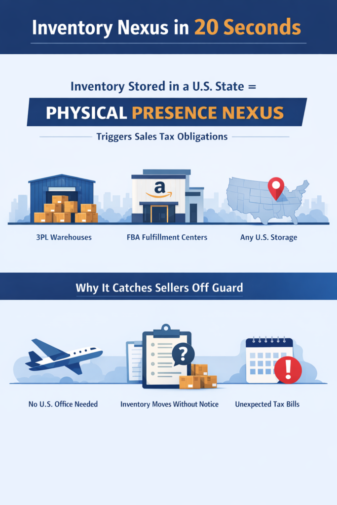 Inventory stored in a US 3PL warehouse can create sales tax nexus and trigger registration, collection, and filing duties.
