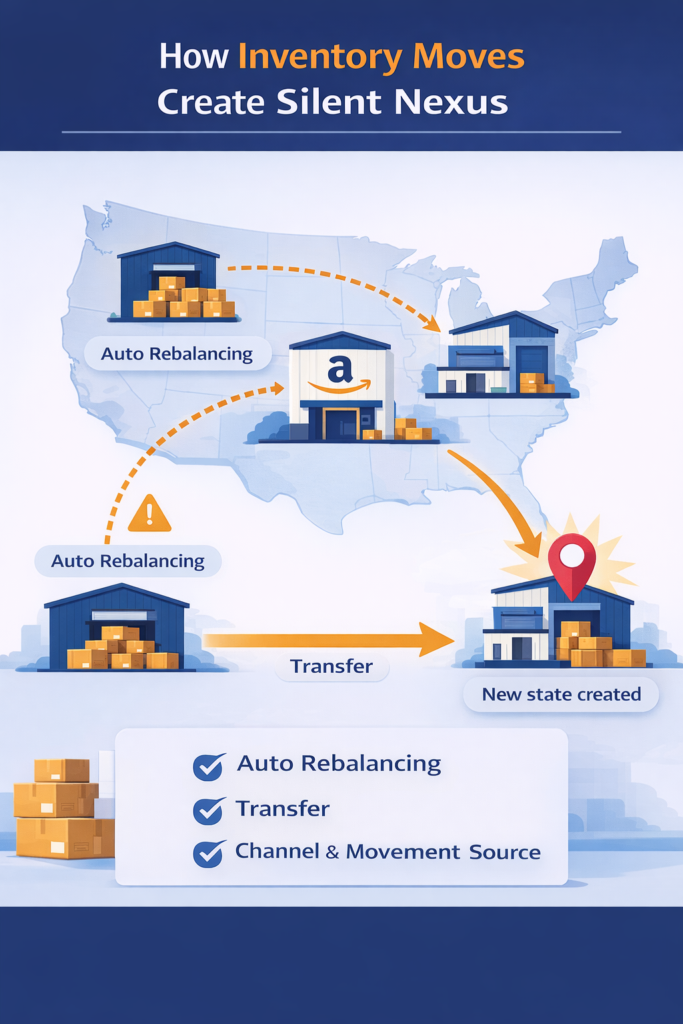 Diagram showing 3PL and Amazon FBA inventory rebalancing across states that can create silent sales tax nexus.