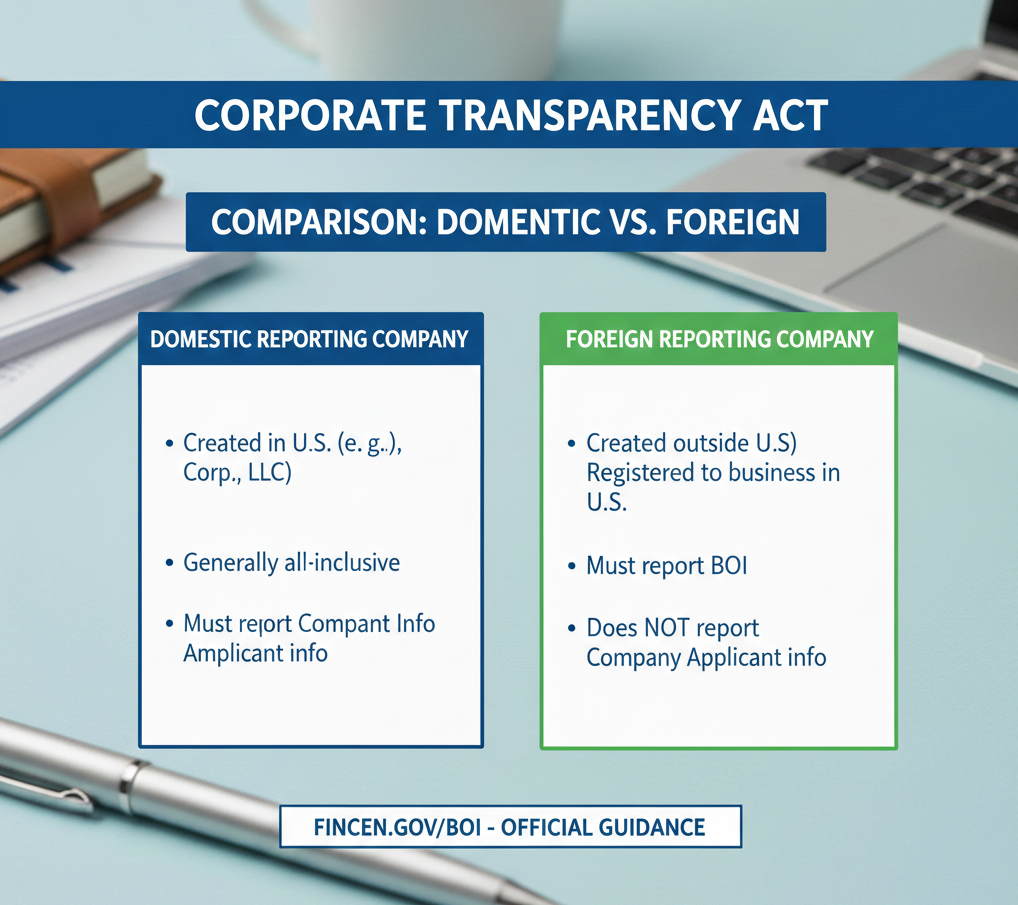 Difference between domestic reporting company and foreign reporting company under Corporate Transparency Act