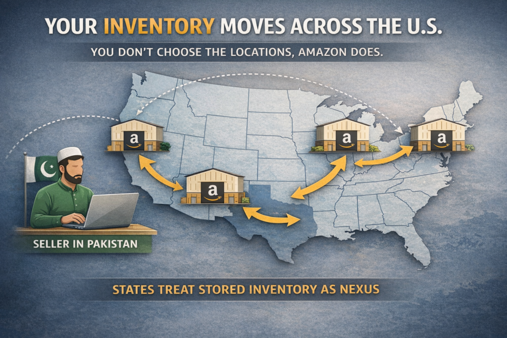 Amazon FBA inventory moving between US fulfillment centers while seller operates from Pakistan, showing how stored products create sales tax nexus.